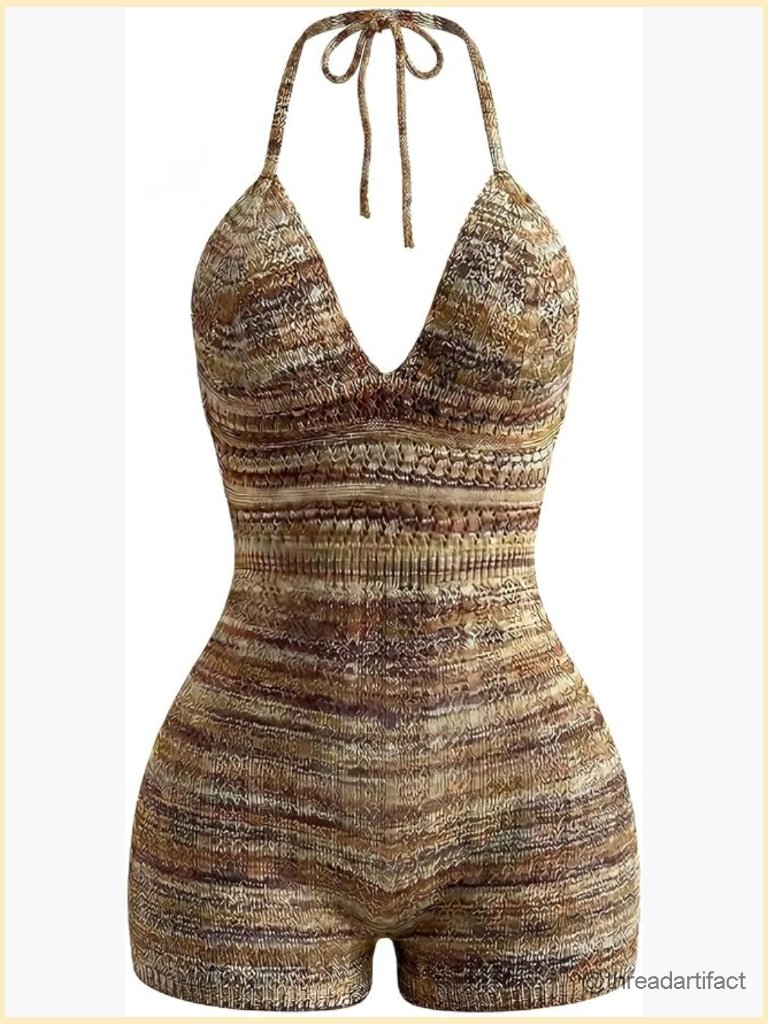 Boho Hollow Out Tie Backless Halter Jumpsuit Deep V Neck Knit Romper